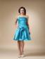 Aqua Blue A-line Strapless Knee-length Satin Hand Made Flower Prom / Homecoming Dress