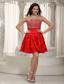 Red A-line / Princess Stpapless Mini-length Fabric With Rolling Flower Beading Prom Dress