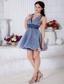 Blue and White A-line V-neck Mini-length Organza Beading Prom / Homecoming Dress