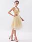 Champagne A-line / Princess Halter Knee-length Organza Ruch Prom Dress