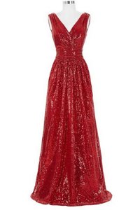 Free and Easy Red Sleeveless Brush Train Sequins With Train Evening Dress
