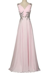 Fabulous Baby Pink Zipper Prom Evening Gown Beading Sleeveless With Brush Train