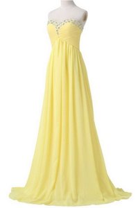 Dramatic Light Yellow Column/Sheath Chiffon Sweetheart Sleeveless Beading and Ruching With Train Lace Up Prom Dresses Brush Train