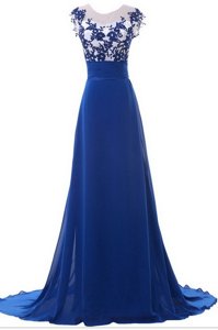 Charming Blue Scoop Zipper Beading and Appliques Prom Gown Brush Train Sleeveless