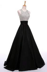 Scoop Black A-line Beading Prom Gown Zipper Satin Sleeveless Floor Length