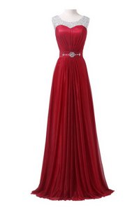Colorful Scoop Sleeveless Brush Train Zipper Prom Dress Wine Red Chiffon