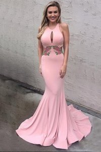 Edgy Mermaid Scoop With Train Criss Cross Evening Dress Pink and In for Prom and Party with Appliques Brush Train