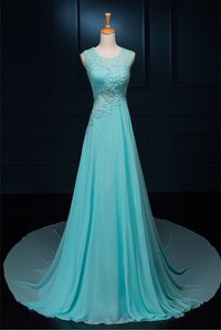 Modest Scoop Turquoise Column/Sheath Beading and Appliques Dress for Prom Zipper Chiffon Sleeveless With Train