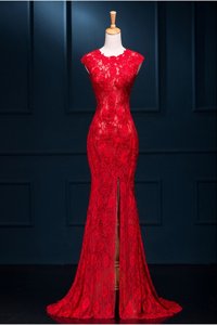 Fashion Mermaid Scoop Red Sleeveless Floor Length Lace Zipper Formal Dresses