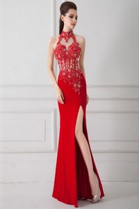 Glittering Red Silk Like Satin Zipper High-neck Sleeveless Floor Length Prom Evening Gown Beading and Appliques