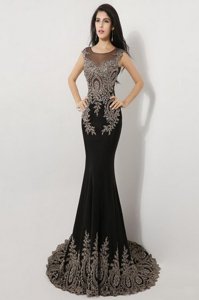 Sweet Mermaid Scoop Sleeveless Silk Like Satin Floor Length Brush Train Zipper Dress for Prom in Black for with Appliques
