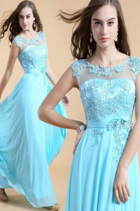 Dramatic Scoop Aqua Blue Sleeveless Chiffon Zipper Prom Party Dress for Prom and Party