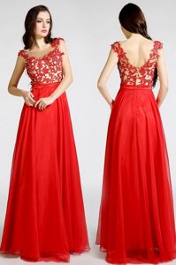 Inexpensive Red Chiffon Zipper Bateau Sleeveless Floor Length Evening Dress Beading and Appliques