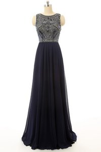 Admirable Floor Length Navy Blue Dress for Prom Chiffon Sleeveless Beading