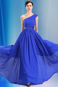 Elegant Royal Blue One Shoulder Neckline Ruching and Belt Prom Dresses Sleeveless Side Zipper