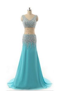 Nice Sleeveless Chiffon Asymmetrical Zipper Prom Dress in Aqua Blue for with Beading