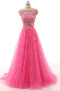 Trendy Lace Floor Length A-line Short Sleeves Hot Pink Homecoming Dress Zipper