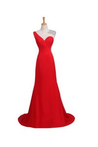 Suitable Satin One Shoulder Sleeveless Court Train Backless Beading Prom Party Dress in Coral Red