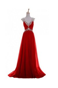 Fancy Red Sleeveless Beading and Belt Zipper Prom Dress