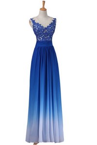 Fabulous Blue V-neck Neckline Lace Prom Evening Gown Sleeveless Backless