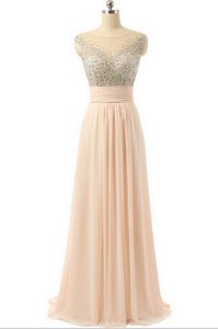 Best Scoop Sleeveless Sweep Train Beading and Sequins and Belt Side Zipper Prom Dress