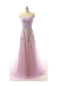 Dramatic Lavender Sweetheart Zipper Lace and Appliques and Belt Prom Dresses Brush Train Sleeveless