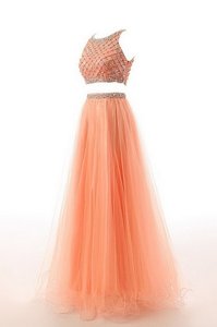 Sexy Scoop Side Zipper Prom Gown Orange and In for Prom and Party with Beading and Belt Sweep Train