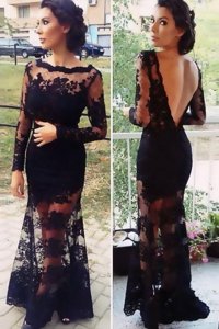 Unique Black Column/Sheath Organza Scalloped Long Sleeves Lace Floor Length Backless Dress for Prom