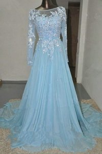 Beauteous Organza Bateau Long Sleeves Court Train Zipper Appliques and Belt Military Ball Dresses in Baby Blue