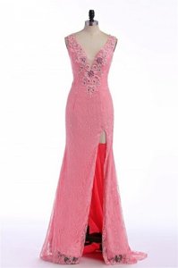 Glittering Sleeveless Sweep Train Lace and Appliques Backless Prom Dress