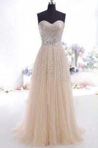 Luxurious Sleeveless Beading and Belt Zipper Dress for Prom with Champagne Sweep Train