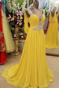 Luxurious Scoop Yellow A-line Appliques Prom Evening Gown Backless Organza Sleeveless