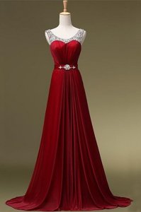 High Class Wine Red Chiffon Zipper Scoop Sleeveless Red Carpet Prom Dress Brush Train Beading and Belt