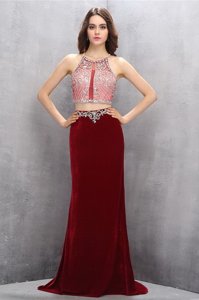 Top Selling Burgundy Scoop Neckline Beading and Appliques Prom Dress Sleeveless Criss Cross