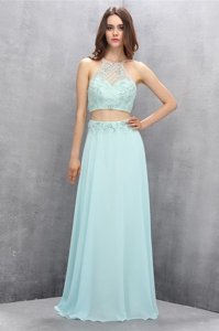 Exquisite Halter Top Sleeveless Sweep Train Zipper Prom Dress Baby Blue Tulle