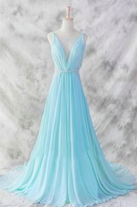 Baby Blue Chiffon Backless Prom Gown Sleeveless Brush Train Belt