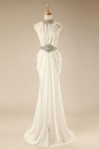 Excellent Sleeveless Chiffon Sweep Train Zipper Homecoming Dresses in White for with Beading and Belt