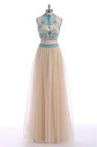 Beading and Appliques and Belt Homecoming Dress Champagne Zipper Sleeveless Floor Length