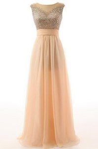 Chic Orange Empire Scoop Sleeveless Organza Floor Length Backless Beading and Belt Evening Outfits