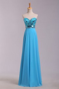 Flirting Sweetheart Sleeveless Dress for Prom Floor Length Beading and Belt Royal Blue Chiffon