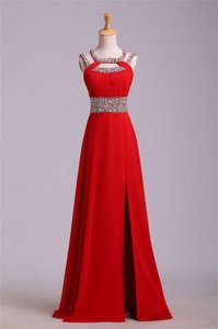 Decent Red Prom Dress Prom and Party and For with Beading and Belt Halter Top Sleeveless Zipper