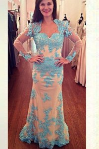 Modest With Train Zipper Mother Of The Bride Dress White and Blue and In for Prom and Party with Beading Brush Train
