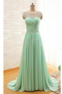Custom Design Scoop Beading and Ruching Prom Evening Gown Apple Green Zipper Sleeveless With Brush Train