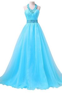 Clearance Aqua Blue Chiffon Lace Up Halter Top Sleeveless Floor Length Homecoming Dress Beading and Belt