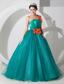 Teal A-line One Shoulder Floor-length Organza Hand Made Flowers Prom Dress