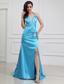 High Slit Column Beading Halter Elastic Woven Satin Prom Dress Brush/Sweep Blue