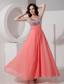 Watermelon Empire Straps Ankle-length Chiffon Beading Prom Dress