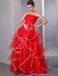 Red A-line Strapless Floor-length Organza Ruch Prom Dress