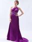 Purple Column / Sheath One Shoulder Brush Train Satin Beading Prom Dress