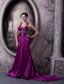 Eggplant Purple Column Halter Court Train Silk Like Satin Beading Prom Dress